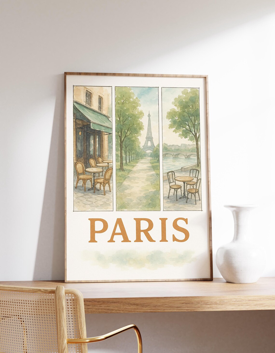 Paris Eiffel Tower Watercolor Triptych Cafe Scenes Romantic Travel Poster