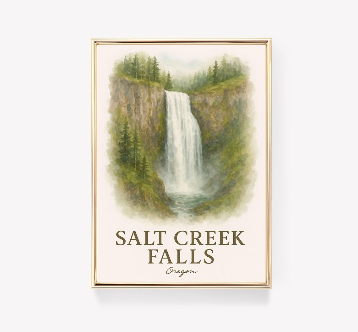 Salt Creek Falls Oregon Watercolor Waterfall Gorge Forest Poster