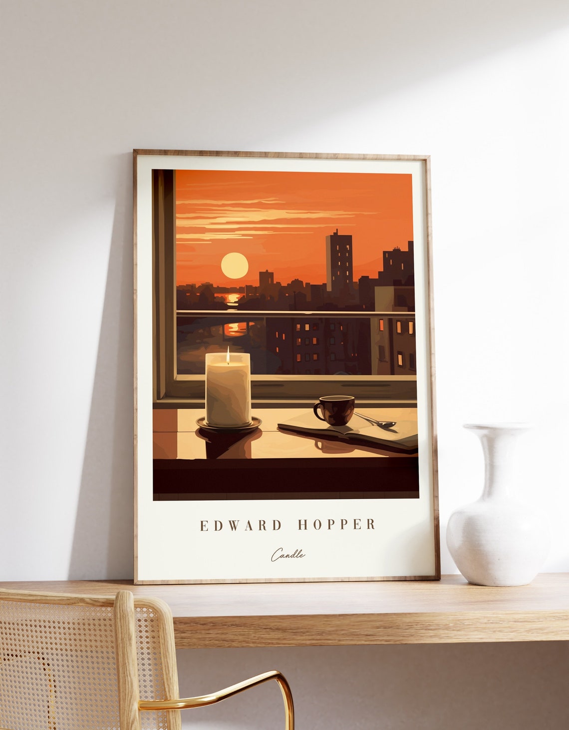 Edward Hopper Style City Sunset Window Candle and Coffee Cup Poster