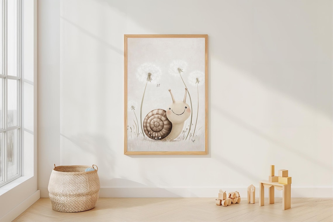 Snail And Dandelion Boho Nursery Art Print