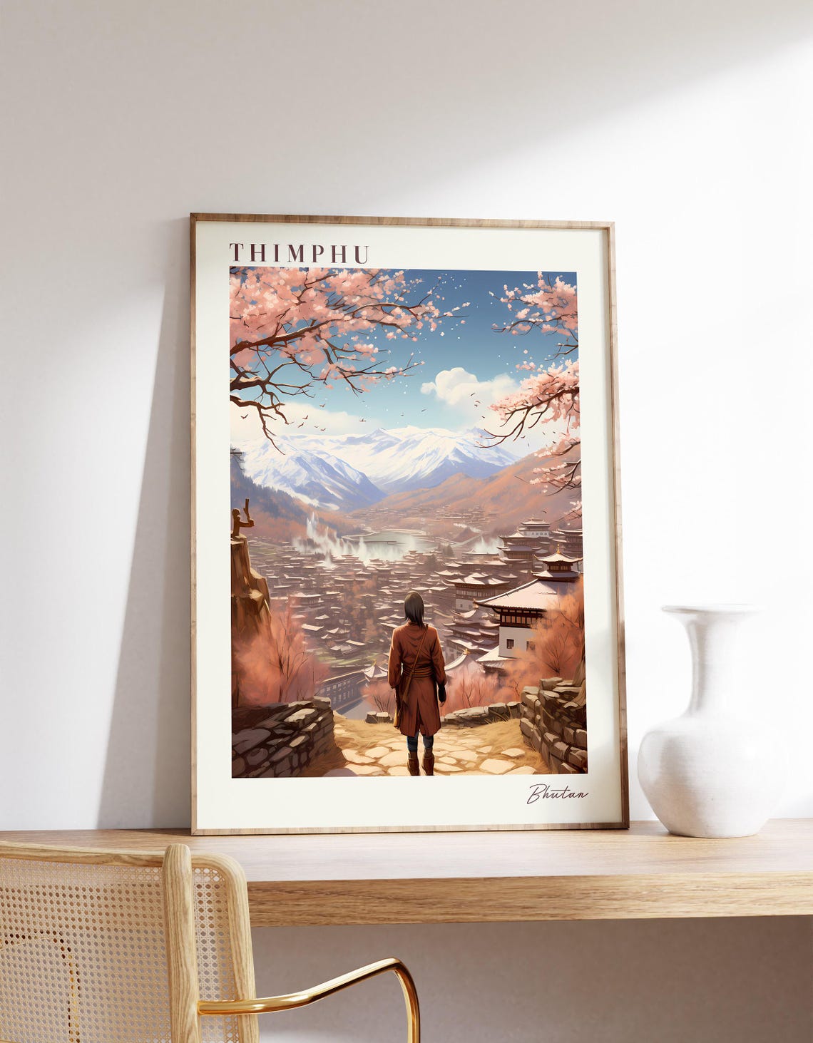 Thimphu Bhutan Himalayan Town Blossom Snow Peaks Valley Travel Poster