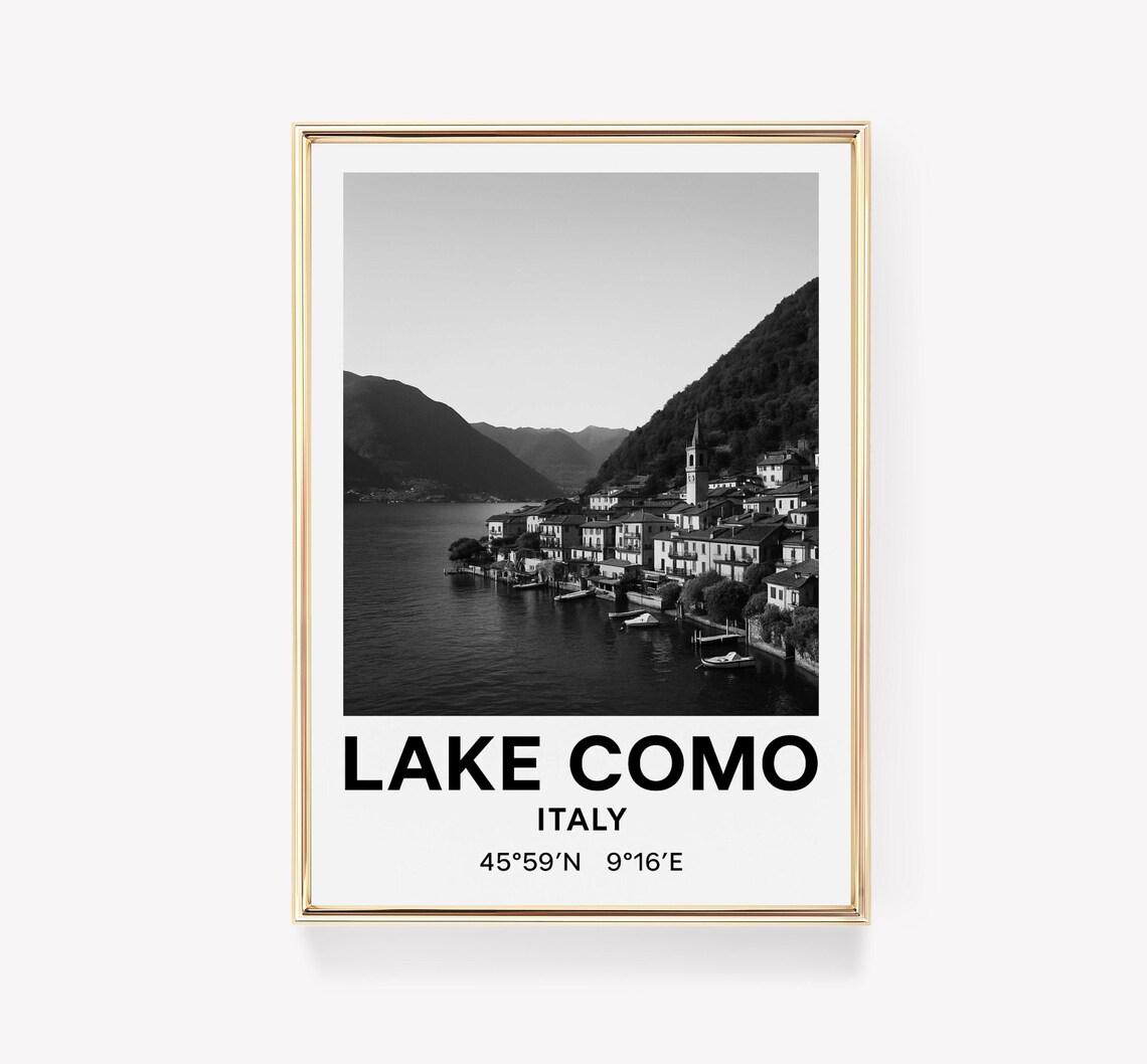 Lake Como Italy Black And White Village Photo Coordinates Poster
