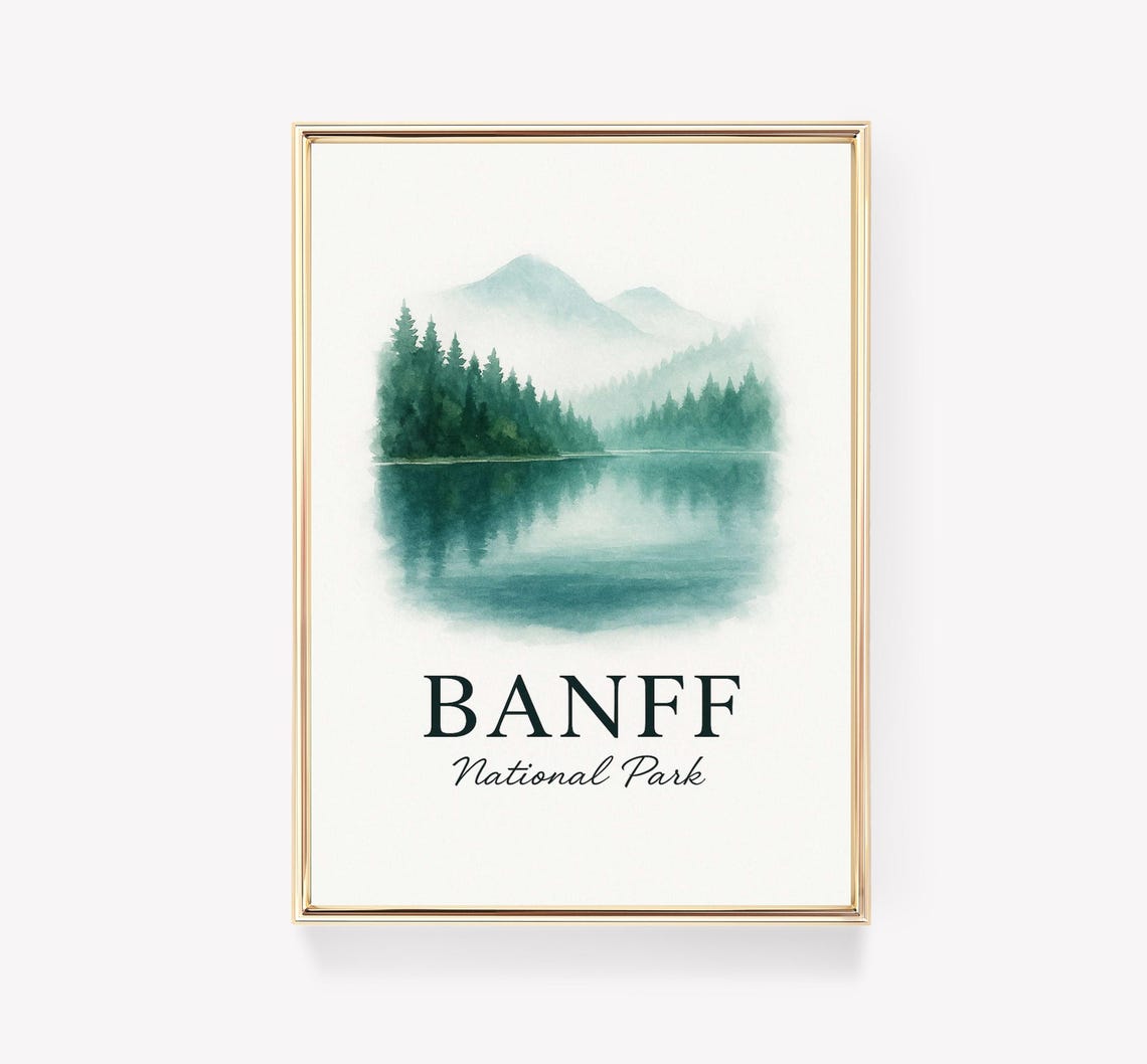 Banff National Park Watercolor Lake Reflection Mountain Poster
