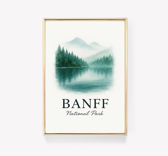 Banff National Park Watercolor Lake Reflection Mountain Poster