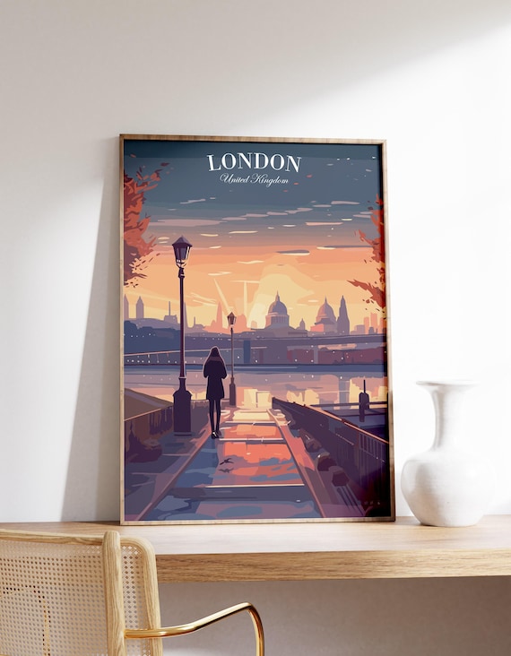 London United Kingdom Sunset Thames Skyline Vintage Travel Poster