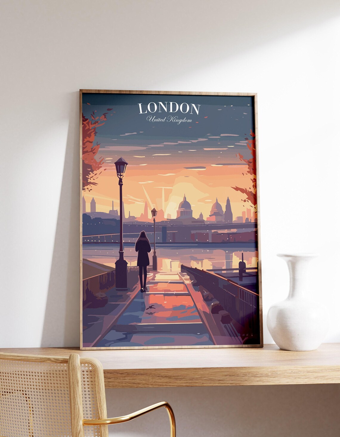 London United Kingdom Sunset Thames Skyline Vintage Travel Poster
