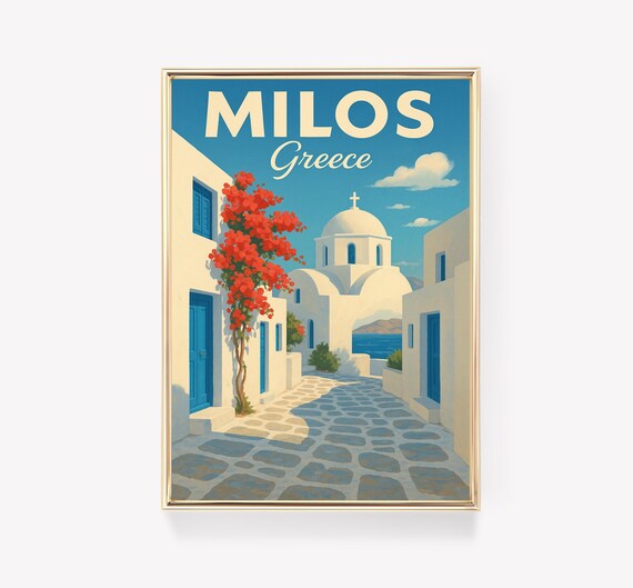 Milos Vintage Travel Poster, Greece Island Decor