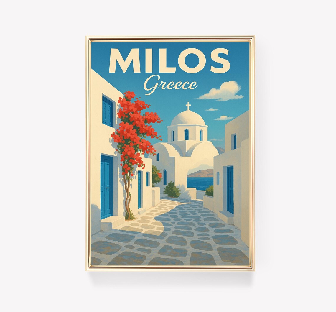 Milos Vintage Travel Poster, Greece Island Decor