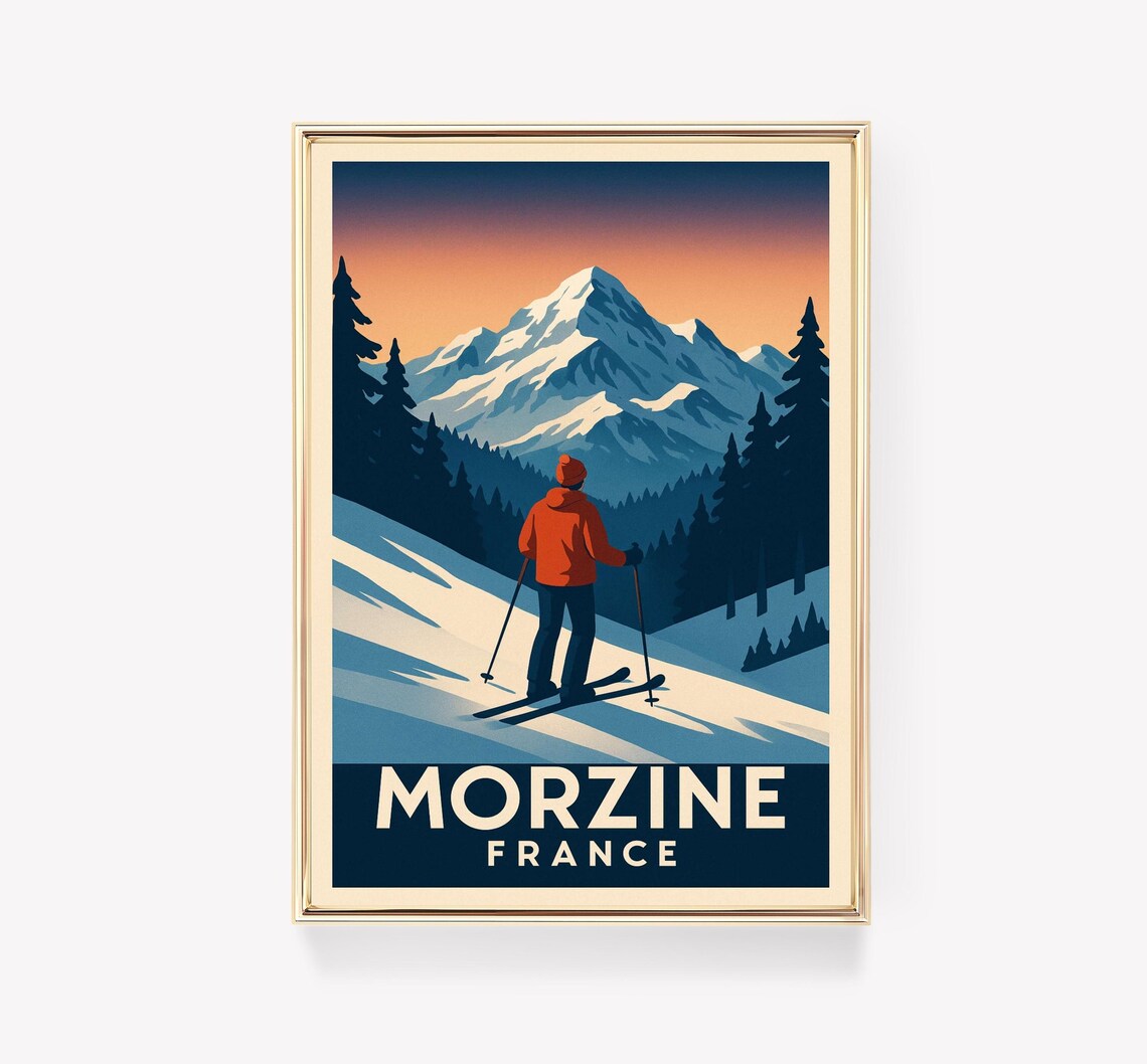 Morzine France Sunset Skier On Snowy Peak Vintage Ski Poster