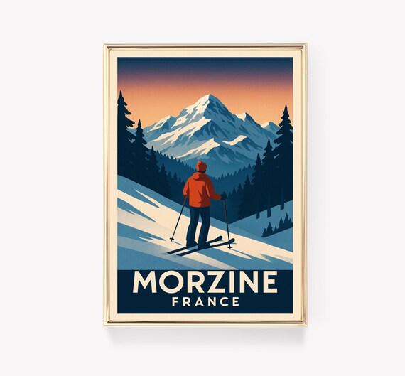Morzine France Sunset Skier On Snowy Peak Vintage Ski Poster