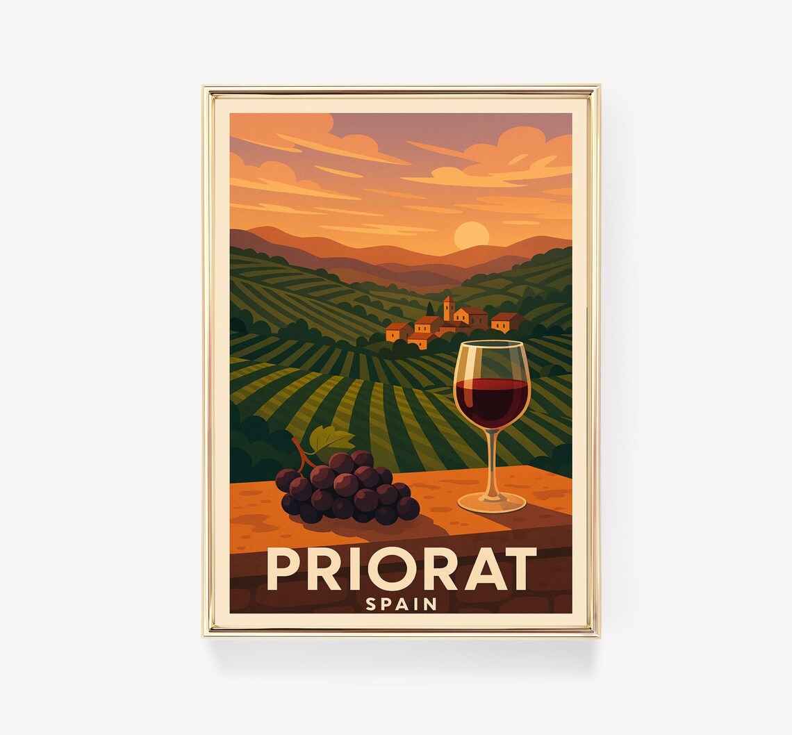 Priorat Spain Vineyard Hills Sunset Wine Glass Vintage Travel Poster