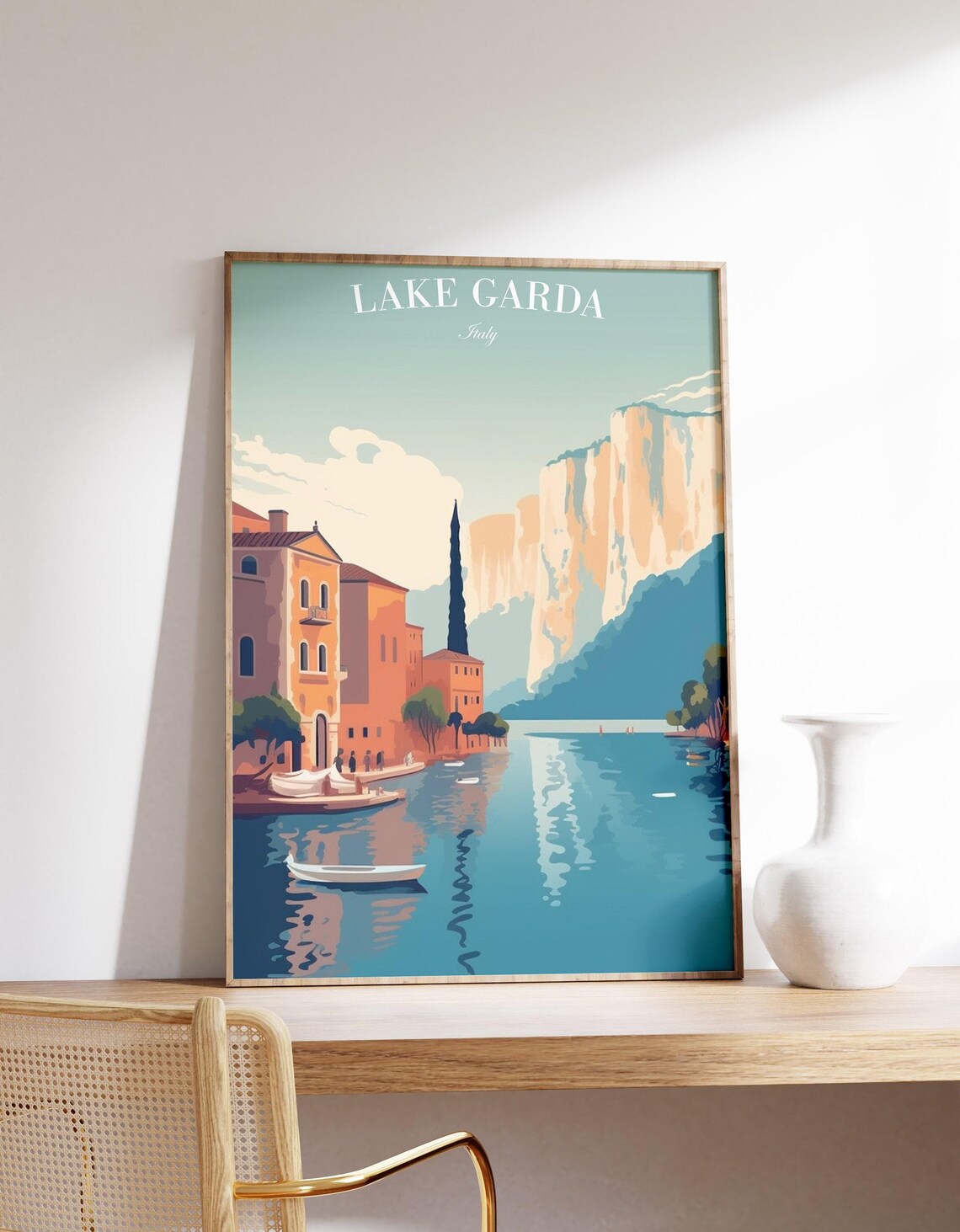 Lake Garda Italy Vintage Travel Poster Lakeside Town Cliffs Retro Art