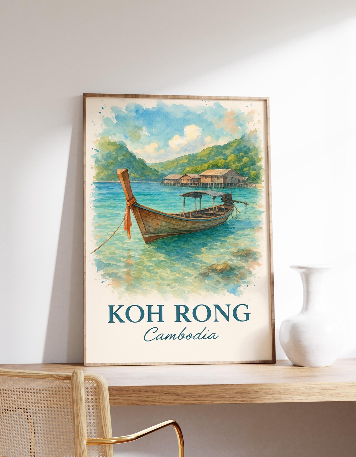 Koh Rong Cambodia Watercolor Longtail Boat Tropical Beach Travel Poster
