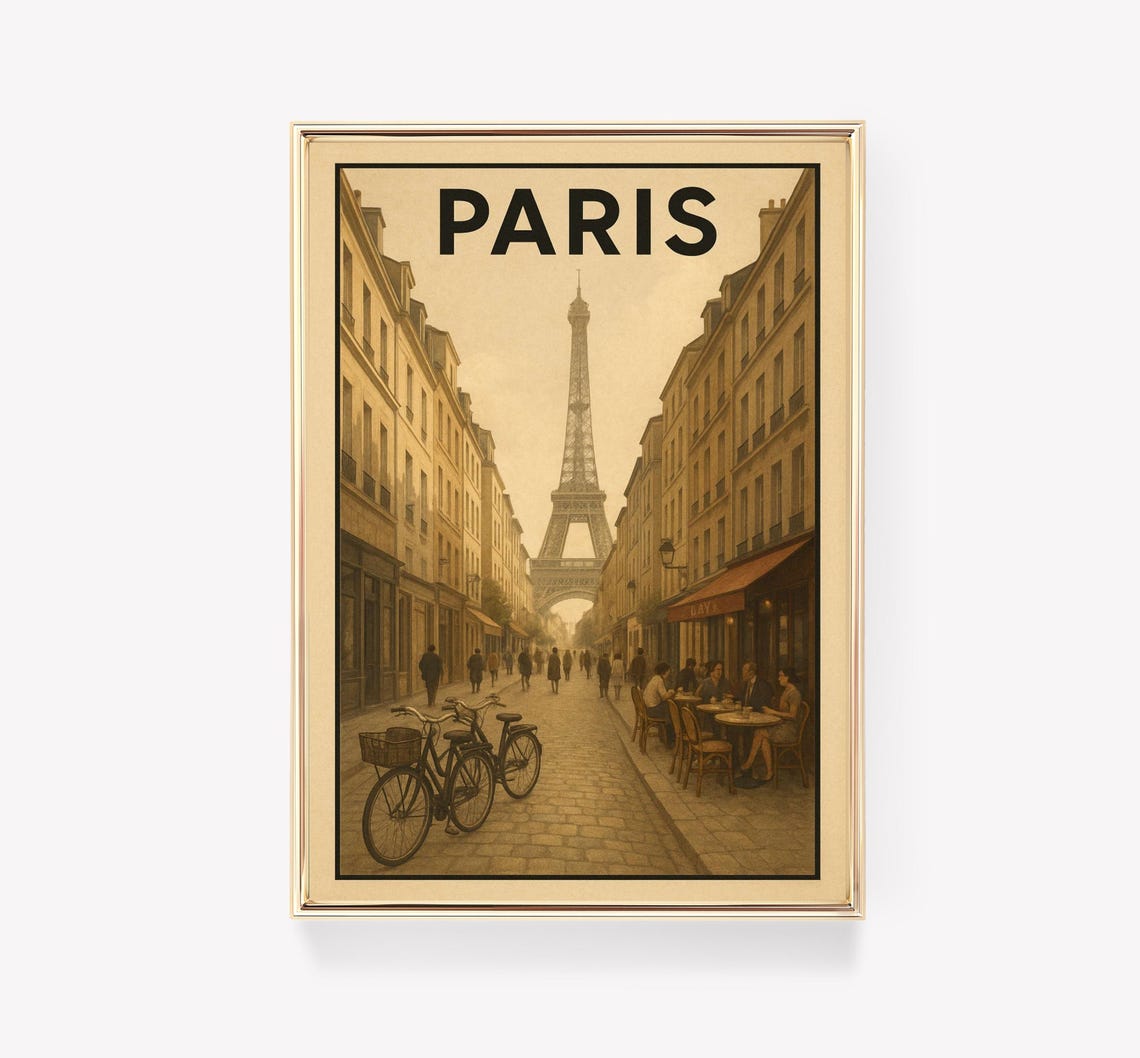 Paris Eiffel Tower Vintage Travel Poster Cobblestone Street Cafe