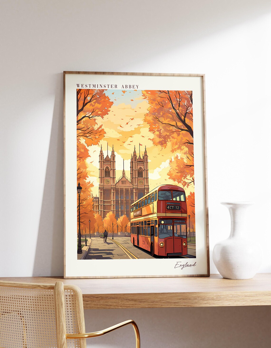 Westminster Abbey England Red Double Decker Bus Autumn Travel Poster