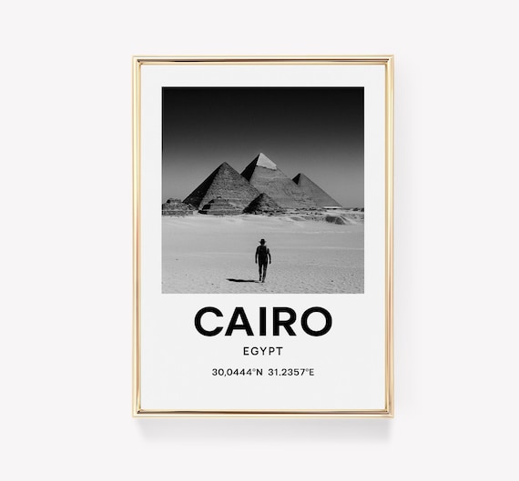 Cairo Egypt Giza Pyramids Black White Photography Travel Poster