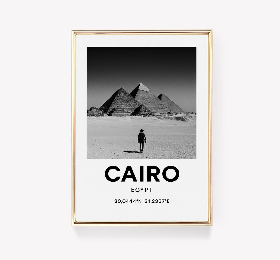 Cairo Egypt Giza Pyramids Black White Photography Travel Poster