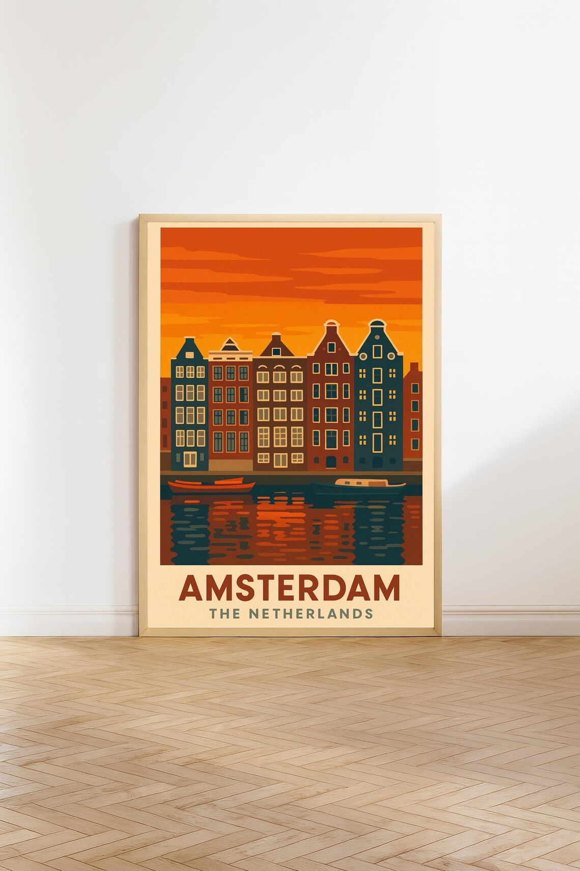 Amsterdam Canal Houses Sunset Vintage Netherlands Travel Poster