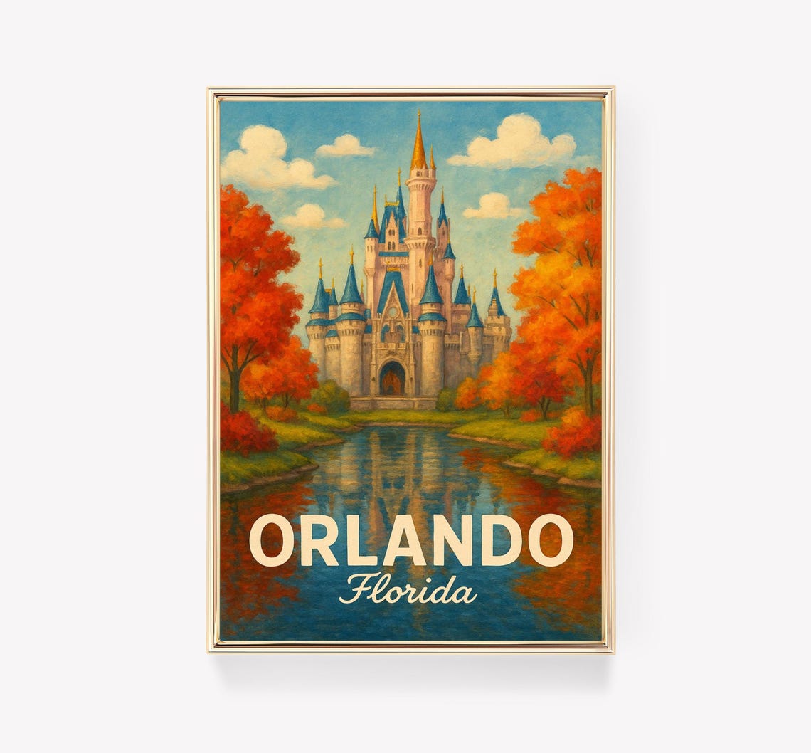 Orlando Florida Fairy Tale Castle Moat Autumn Trees Travel Poster