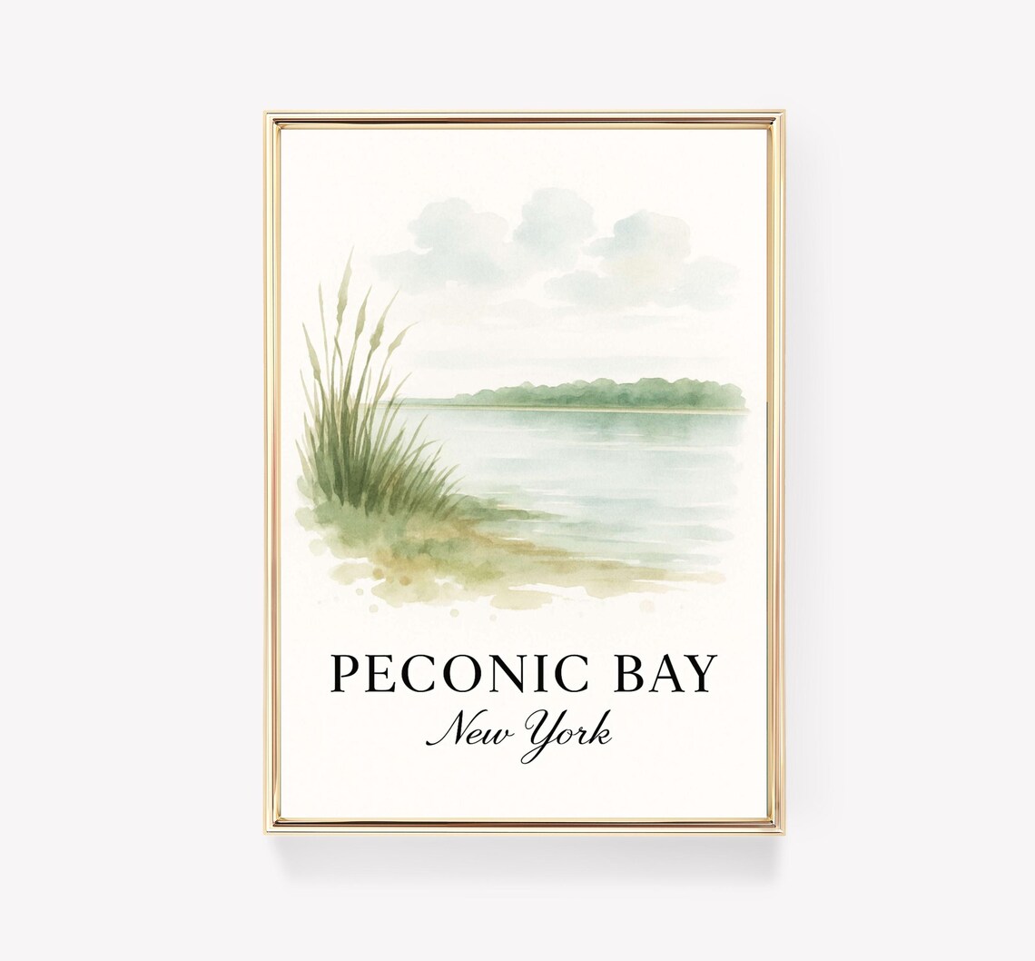 Peconic Bay New York Serene Lake Shore Watercolor Travel Poster
