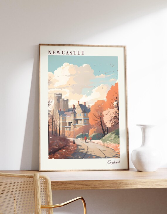 Newcastle England Castle Autumn Park Vintage Travel Poster Art
