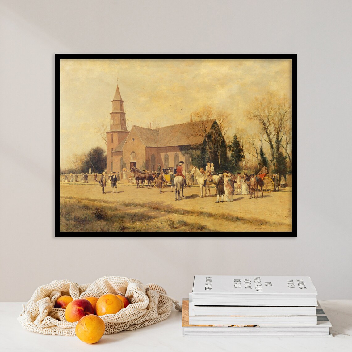 Colonial Church Gathering Horses Carriages Vintage History Poster