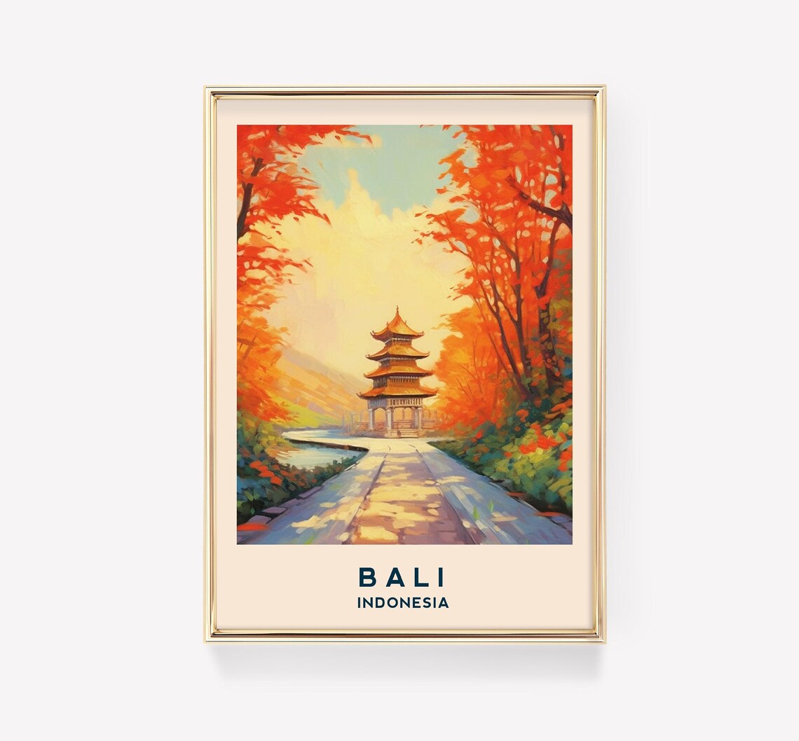 Bali Indonesia Travel Poster Pagoda Autumn Red Forest Vintage Style