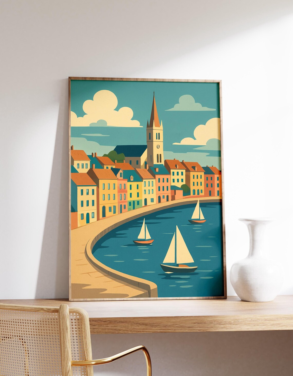 Colorful Adriatic Seaside Town Sailboats Harbor Canvas Wall Art