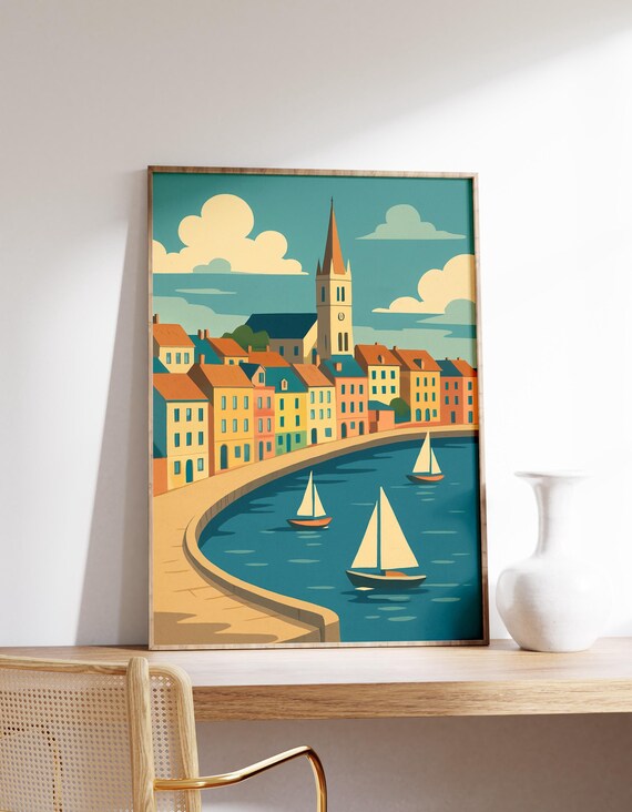 Colorful Adriatic Seaside Town Sailboats Harbor Canvas Wall Art