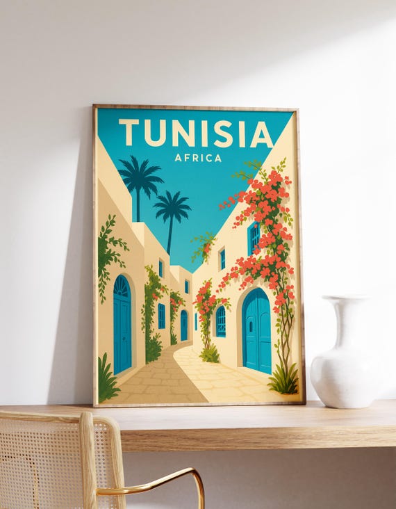 Tunisia Travel Poster North Africa Wall Art Print Medina Decor Gift Blue Door Street