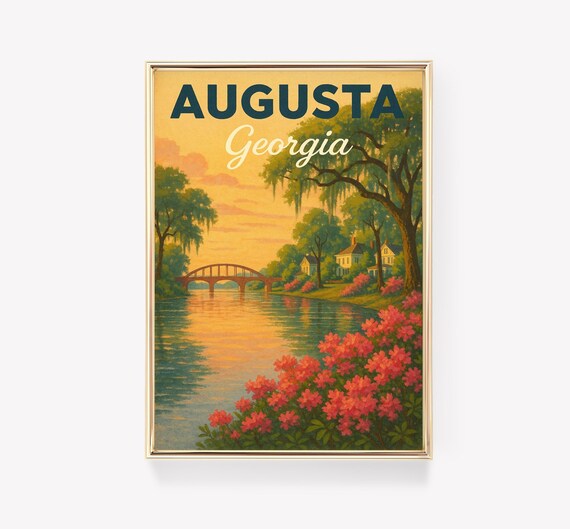 Augusta Georgia River Sunset Bridge Azalea Vintage Travel Art Poster