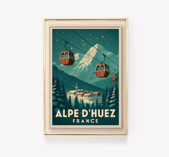 Alpe d'Huez France Night Cable Cars Ski Resort Travel Poster