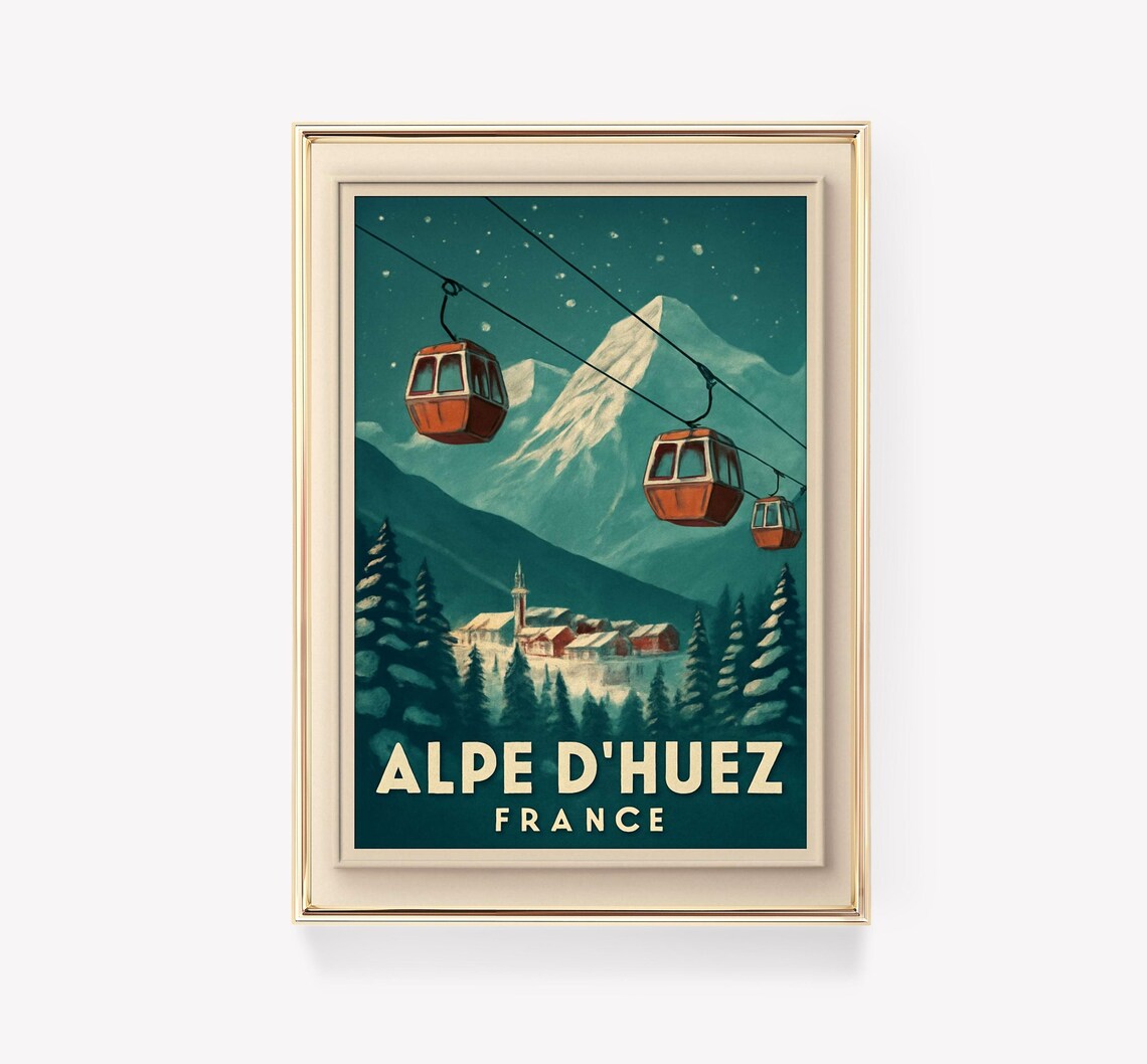 Alpe d'Huez France Night Cable Cars Ski Resort Travel Poster
