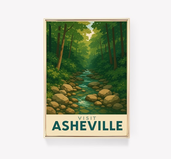 Visit Asheville North Carolina Forest Stream Vintage Travel Poster