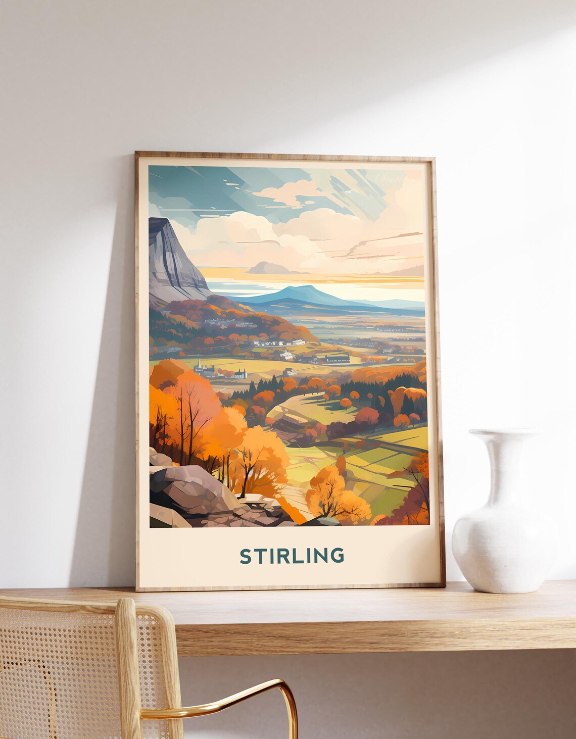Stirling Scotland Golden Autumn Valley Hills Landscape Travel Poster