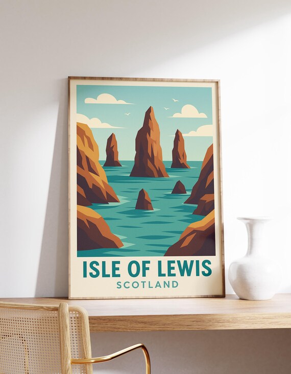 Isle of Lewis Scotland Sea Stacks Coastal Vintage Travel Poster