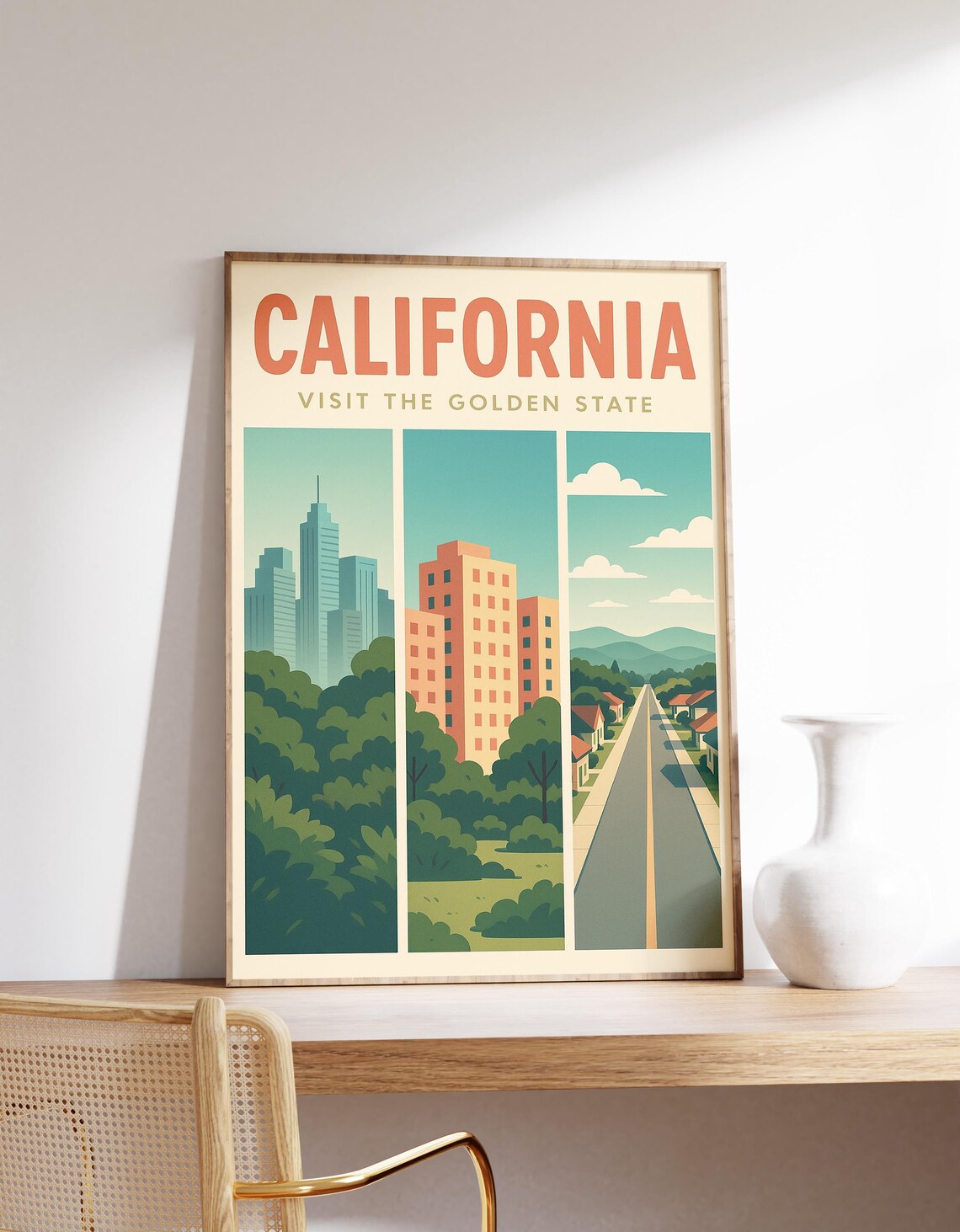 Golden State Travel Poster, Cityscape Print