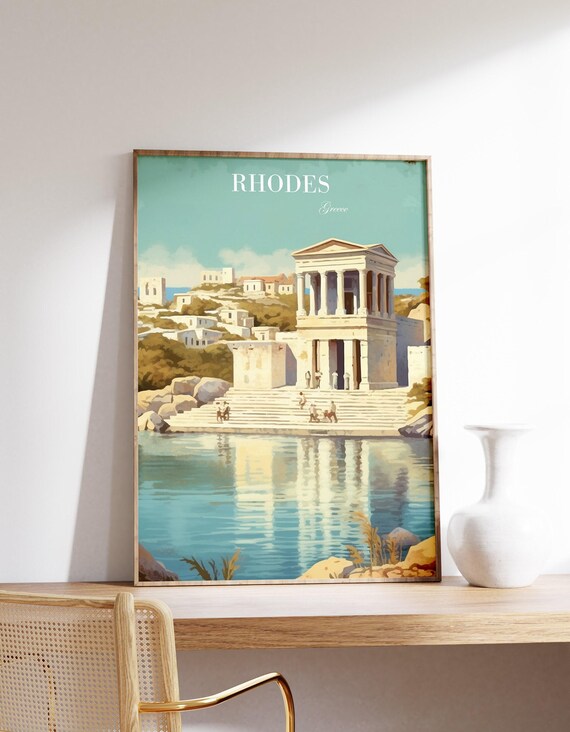Rhodes Greece Ancient Temple Ruins Seaside Columns Retro Travel Poster