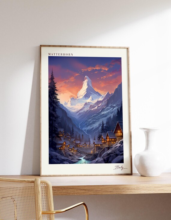Matterhorn Italy Snowy Alpine Village Sunset Vintage Travel Poster