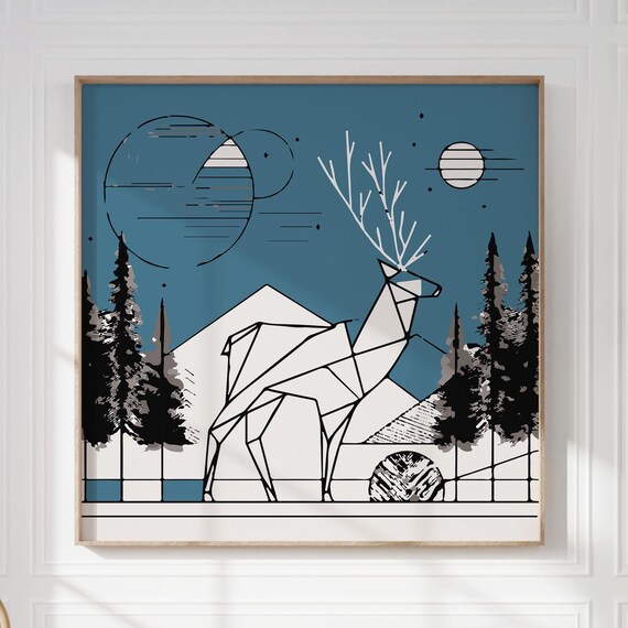 Framed Geometric Line Art Deer Poster For Stylish Scandinavian Wall Art I Blue Black And White Abstract Animal In Forest Poster I Square