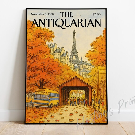 New Yorker Style Vintage Magazine Cover The Antiquarian Collectible Print Paris Autumn Bus Stop