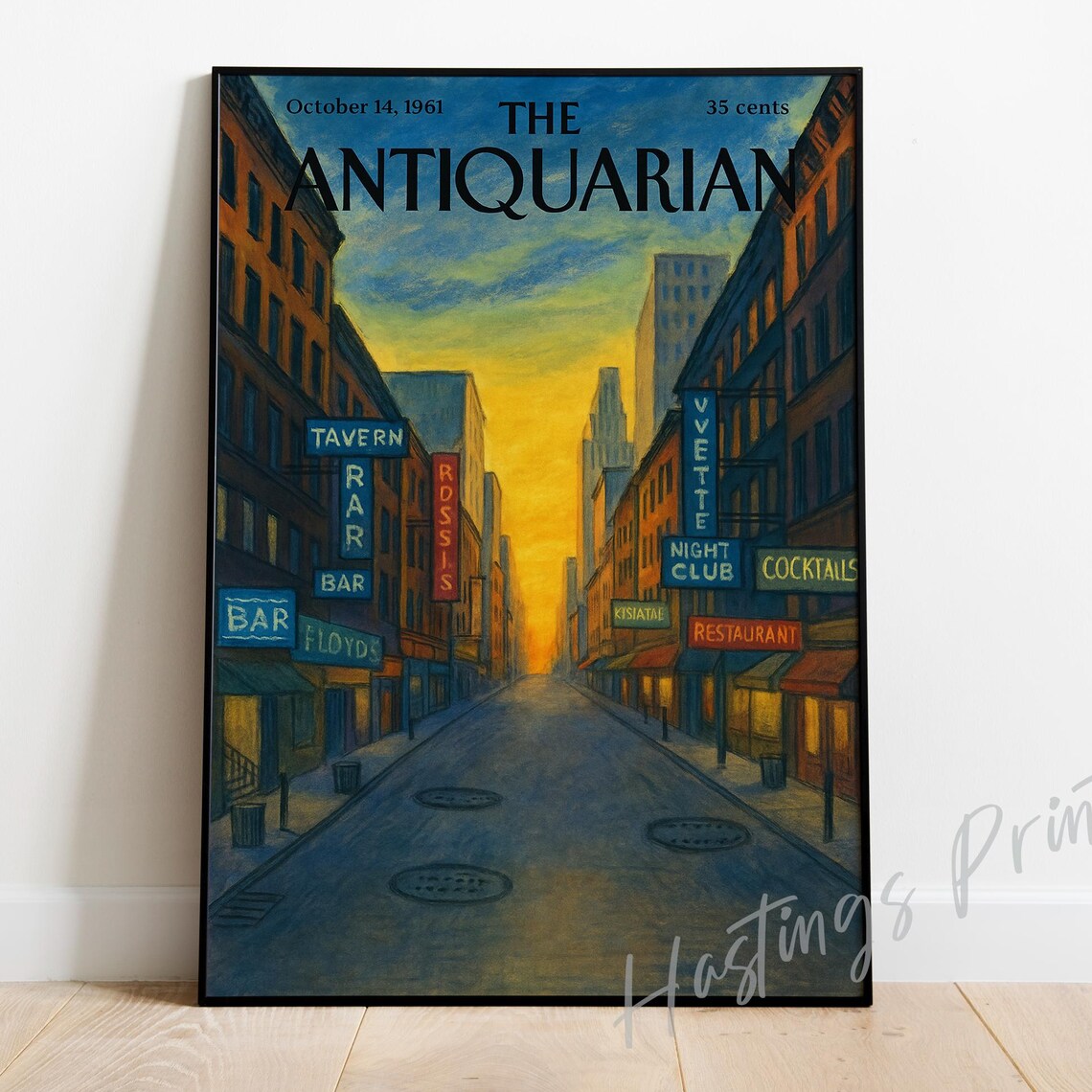 The Antiquarian 1961 Cover Vintage City Street Neon Bar Signs Night Print
