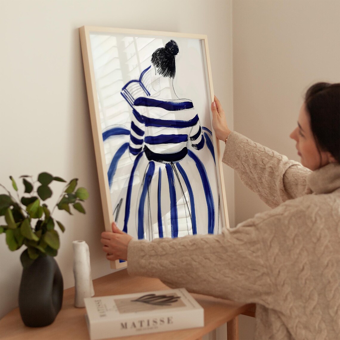 Woman Reading in Blue Striped Dress Back View Fashion Art Poster - Image 2