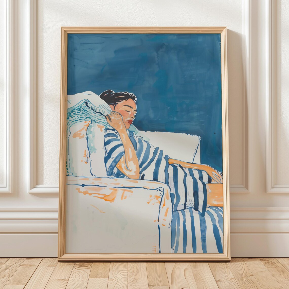 Blue Watercolor Portrait Of Reclining Woman With Stripes Poster