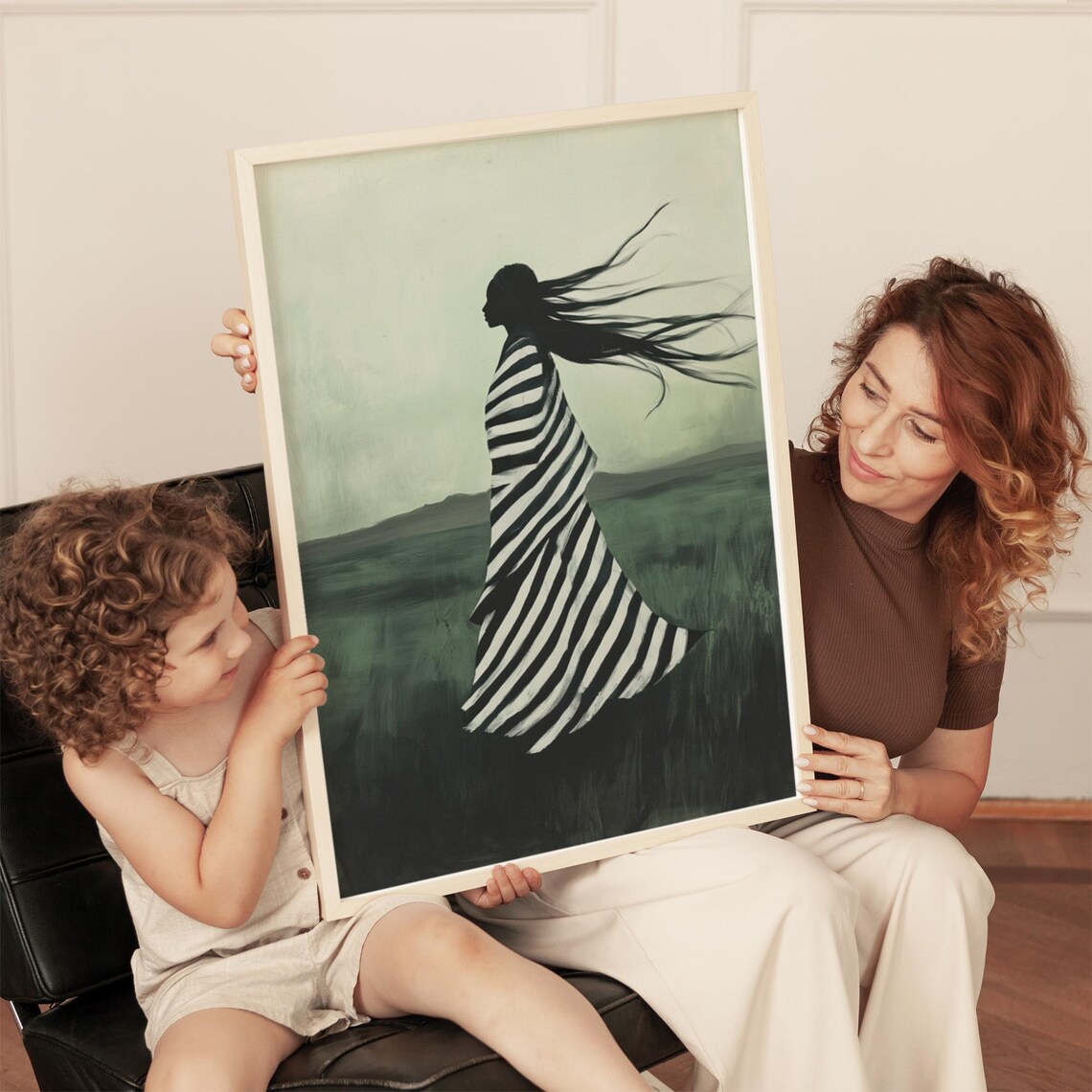 Silhouette Of Woman In Striped Dress Minimalist Abstract Wall Art Mystical Artwork For Modern Home Decor - Image 5