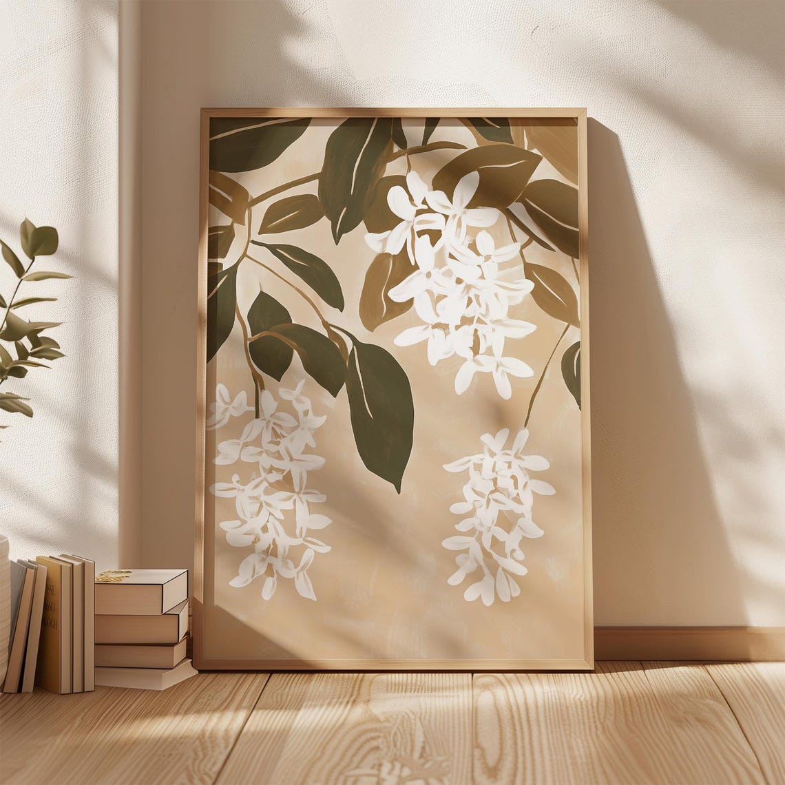 White Hanging Floral Wall Art Beige Botanical Branch Print Minimalist Leaf Illustration Neutral Plant Decor Modern Poster