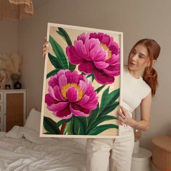 Peony Wall Art Print Pink Floral Botanical Painting Vibrant Flower Poster Realistic Illustration Decor