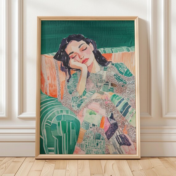 Dreamy Resting Woman Portrait With Glitter Accents Pastel Art Poster