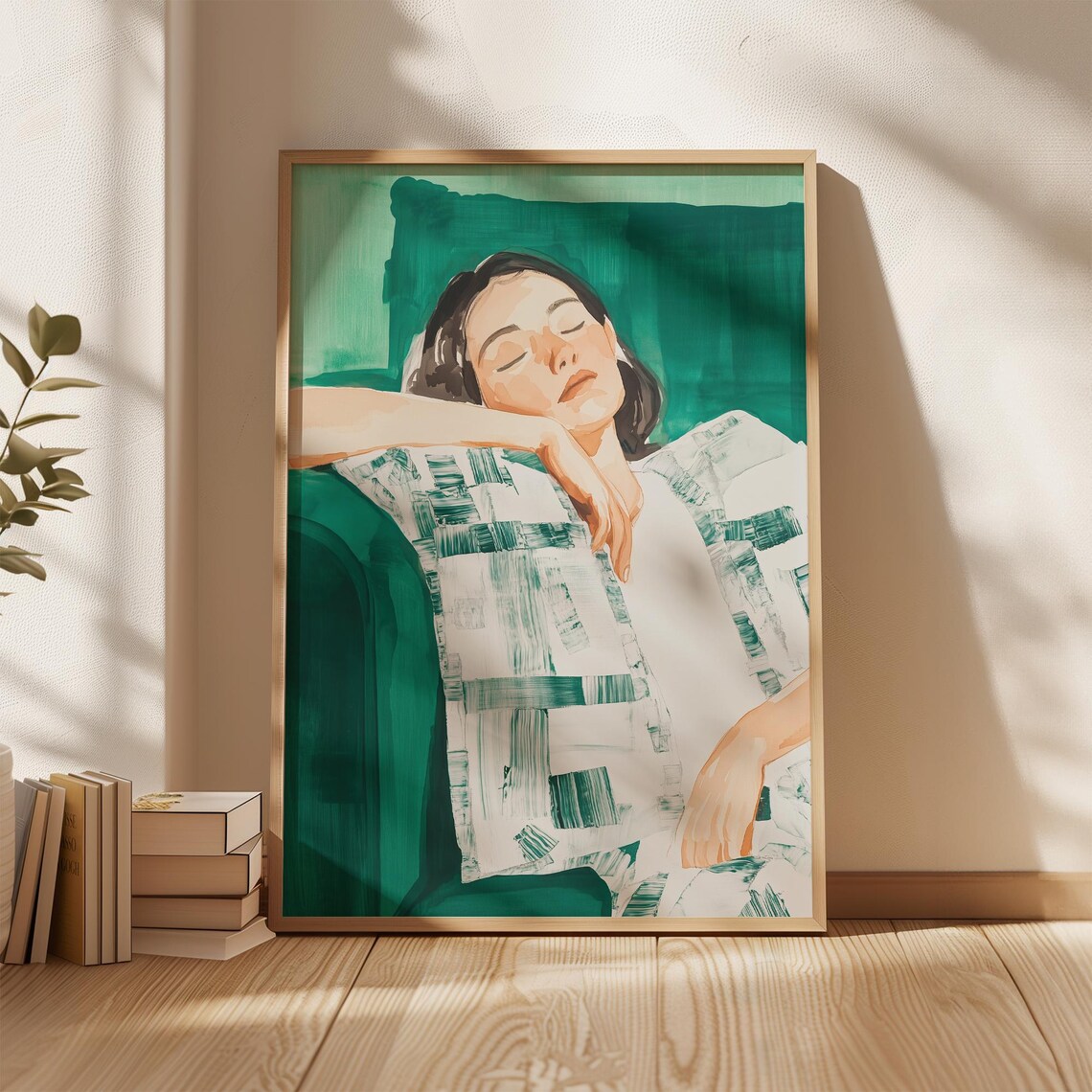 Tranquil Reclining Woman Green Minimalist Painting Art Poster