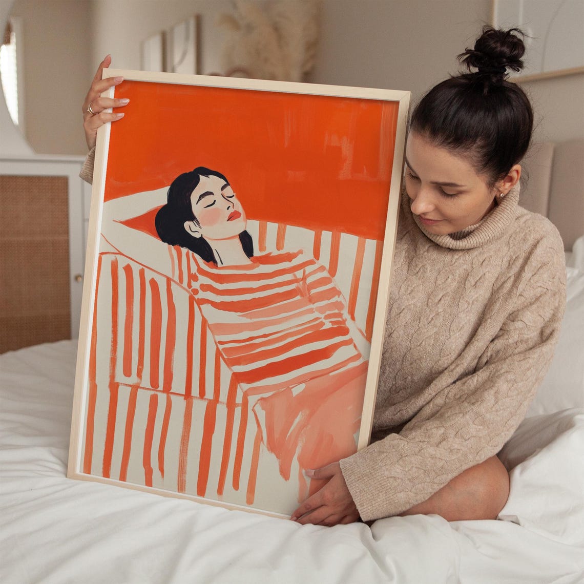 Relaxing Woman Wall Art Bold Orange And White Abstract Print Minimalist Striped Design Modern Home Decor Illustration - Image 3